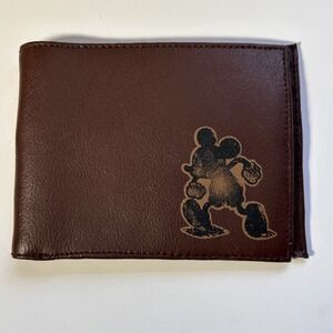 Disney Store Embossed Mickey Mouse Brown Leather Wallet Men Bifold Retro Logo